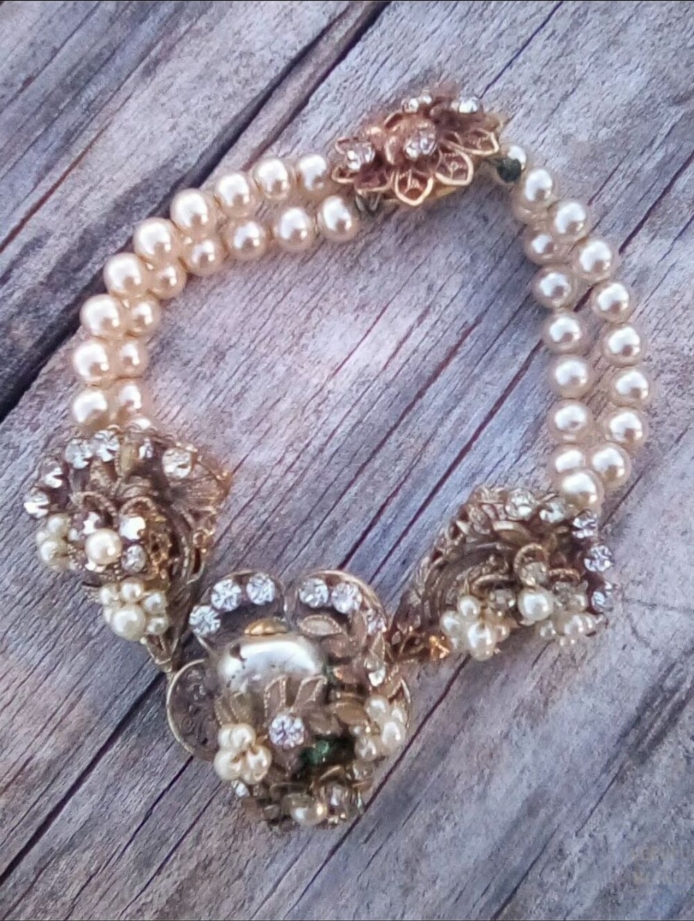 Original by Robert Vintage Faux Pearl Rhinestone Floral Bracelet